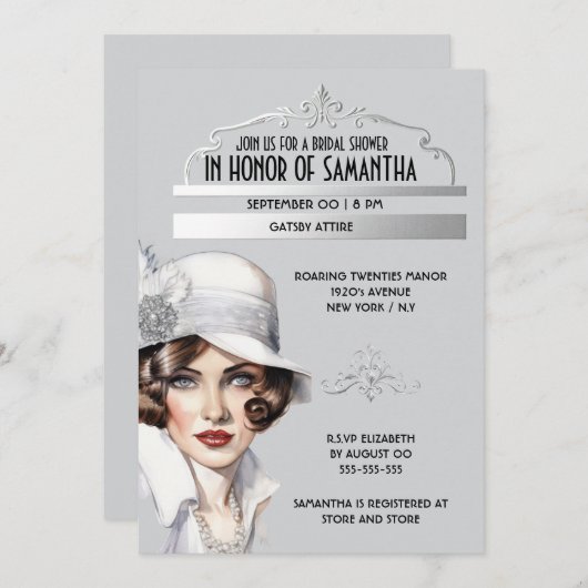 ギャツビー素晴らし1920エレガント年のスタイルブライダルシャワー 招待状 (正面/裏面)