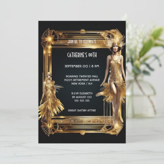 ギャツビー素晴らし1920年のテーマフラッパー女の子の誕生日 招待状 (スタンド正面)