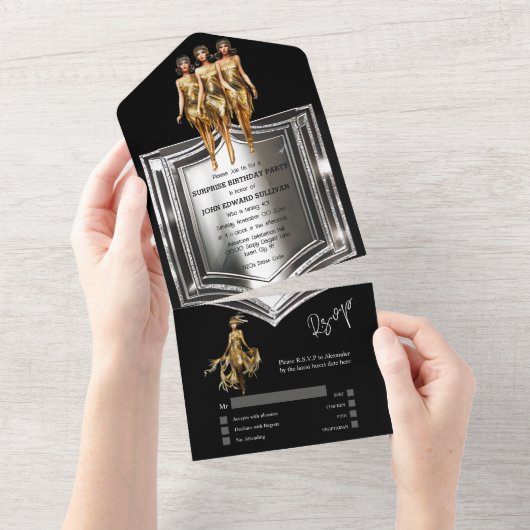 ギャツビー素晴らし1920年代フラッパー女子シルバー金ゴールド オールインワン招待状 (貼ってはがせる)