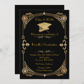 ギャツビー風の卒業式、ブラックゴールド、イニシャル入り 招待状 (正面/裏面)
