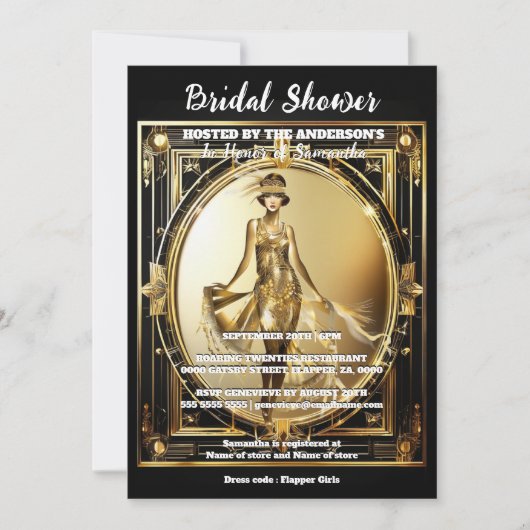 ギャツビー黒い金ゴールドフラッパーの女の子が輝く1920の釉薬 招待状 (正面)