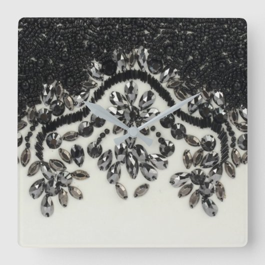 ギャツビー·グラマー·シック·フローラ·白黒·ラインストーン スクエア壁時計 (正面)