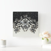 ギャツビー·グラマー·シック·フローラ·白黒·ラインストーン スクエア壁時計 (ホーム)