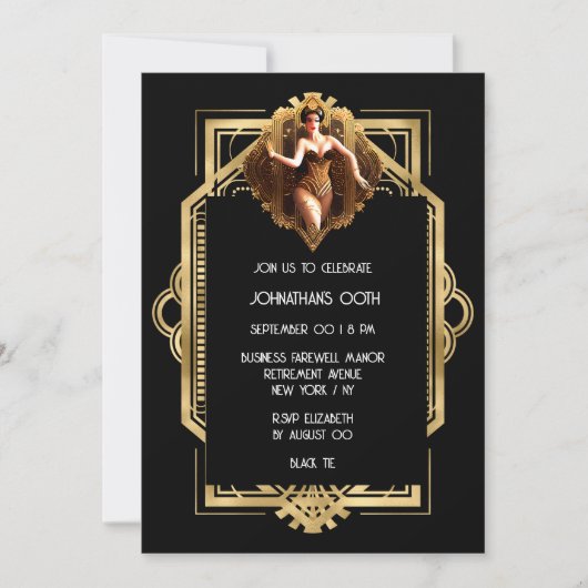 ギャツビー・フラッパー・ガールブラック・金ゴールド1920のテーマパーティー 招待状 (正面)