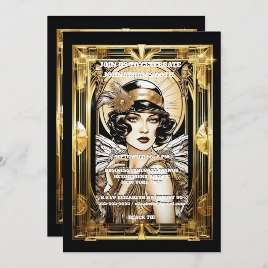 ギャツビーflapper女の子ダークヘアブラック金ゴールドイベント 招待状 (正面/裏面)