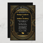 ギャツビ素晴らしーのアールデコ·ブ結婚ラック&金ゴールド·ヴィンテージ 招待状 (正面/裏面)