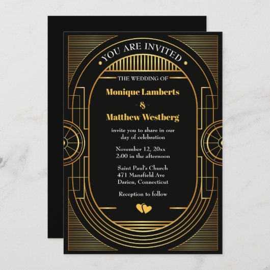 ギャツビ素晴らしーのアールデコ·ブ結婚ラック&金ゴールド·ヴィンテージ 招待状 (正面/裏面)