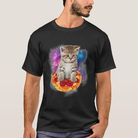 ギャラクシー猫がピザとタコスを食べる面白い宇宙猫 Tシャツ (正面)