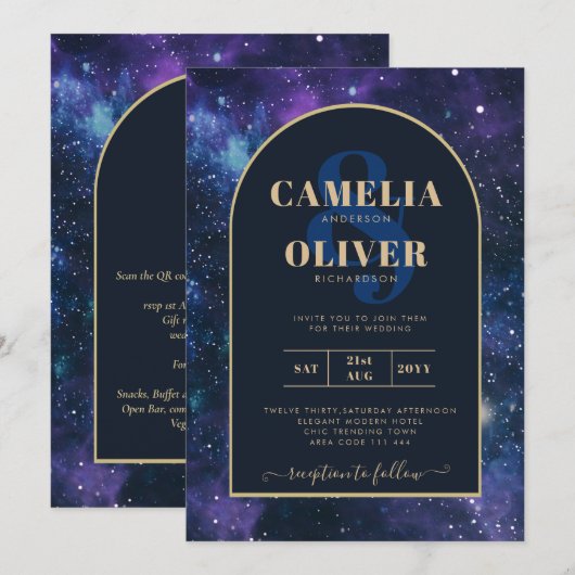 ギャラクシー・スターナイト・パープル・ブルー・ゴールド・ウェディング 招待状 (正面/裏面)