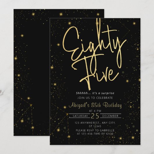 ギャラックスクリプト ブラックとゴールド 85歳の誕生日パーティー 招待状 (正面/裏面)