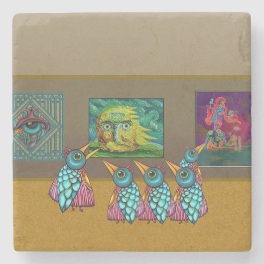 ギャラリーでの鳥たち ストーンコースター (正面)