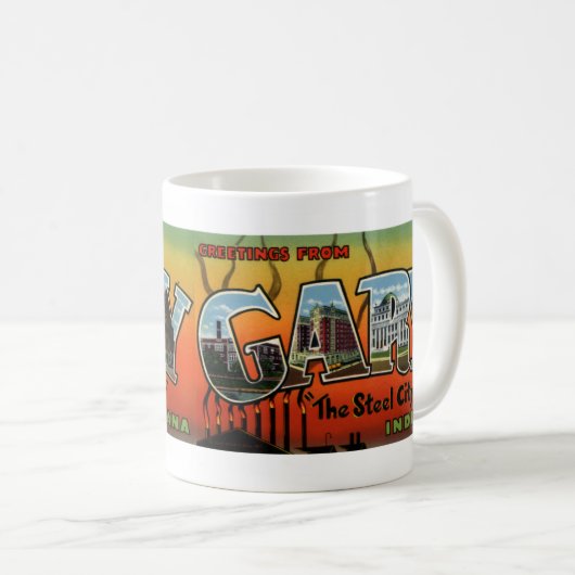 ギャリーインディアナのヴィンテージの郵便はがきのマグからの挨拶 コーヒーマグカップ (正面右)