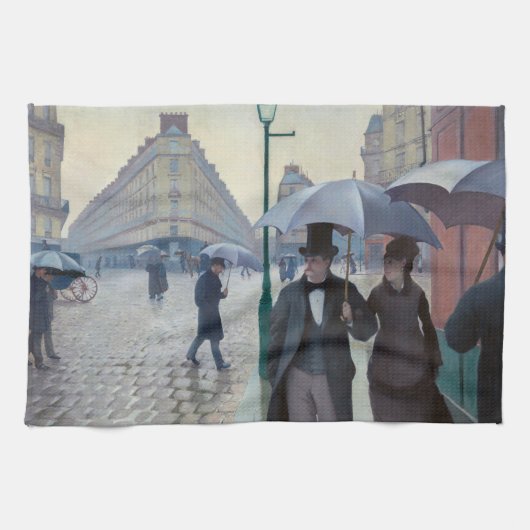 ギュスターヴ・カイユボット - パリの通り、雨の日 キッチンタオル (横)