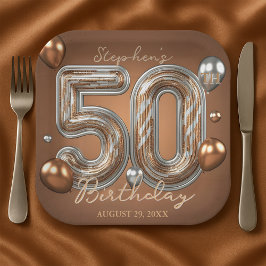 ギラギラメタリックシルバーとブロンズの50歳の誕生日 ペーパープレート