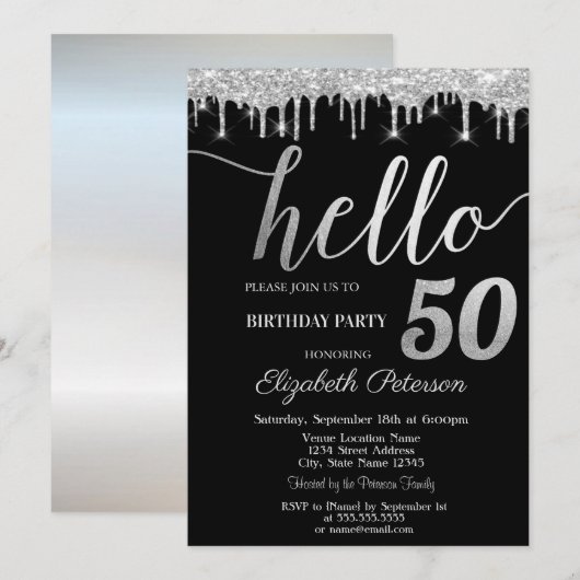 ギラギラ垂れるシルバー 50歳の誕生日パーティー 招待状 (正面/裏面)