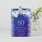 ギラギラ紙吹雪バルーン ネイビーブルー 80歳の誕生日 招待状 (スタンド正面)