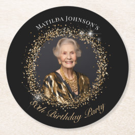 ギラギラ ブラック ゴールド 写真 80歳の誕生日パーティー ラウンドペーパーコースター