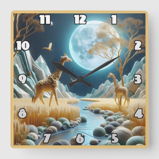 ギラフェスはアフリカの月の下を歩く スクエア壁時計 (正面)