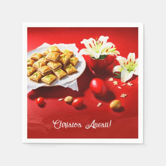 ギリシャのイースターバクラバと卵とユリの招待状 スタンダードカクテルナプキン (正面)