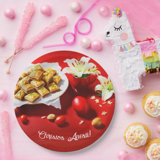 ギリシャのイースターバクラバと卵とユリの招待状 ペーパープレート (パーティー)