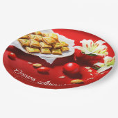 ギリシャのイースターバクラバと卵とユリの招待状 ペーパープレート (アングル)