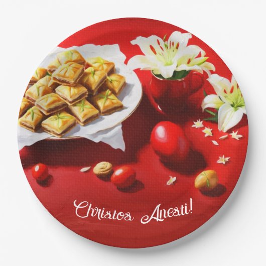 ギリシャのイースターバクラバと卵とユリの招待状 ペーパープレート (正面)