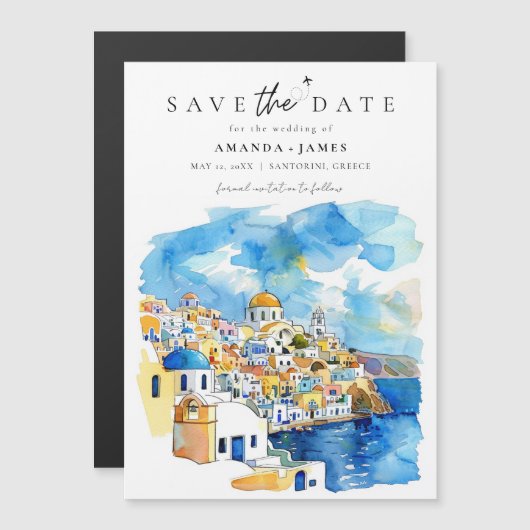 ギリシャのエレガントな目的地ウェディングの「Save the Date」 マグネット招待状 (正面/裏面)
