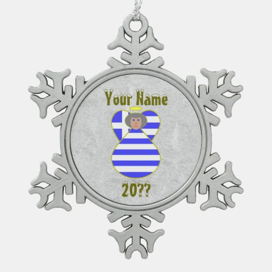 ギリシャのエンジェル国旗の白髪 スノーフレークピューターオーナメント (正面)
