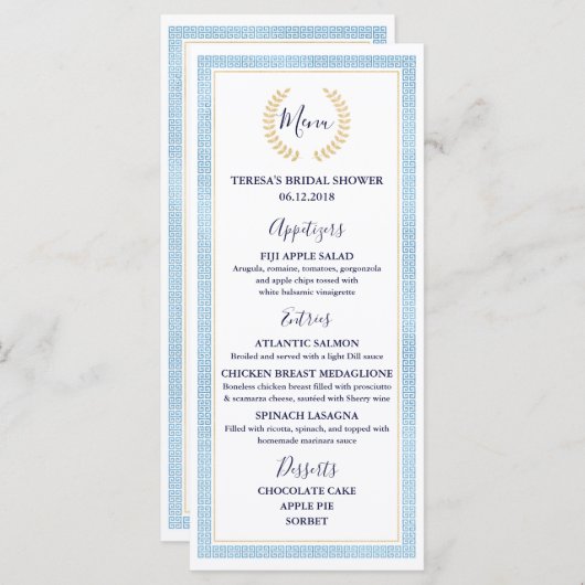 ギリシャのトーガの花嫁のベビーシャワーの結婚式メニュー メニュー (正面/裏面)