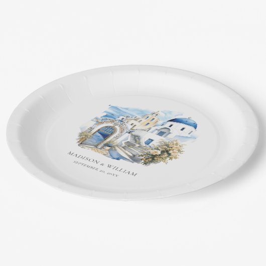 ギリシャのパーソナライズされた水ミニマル結婚色 ペーパープレート (アングル)