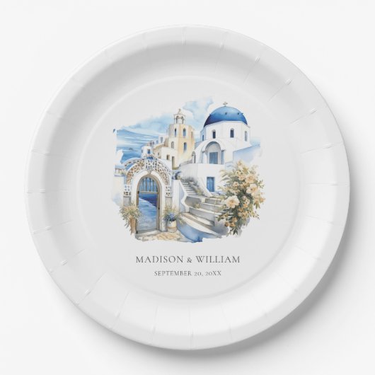ギリシャのパーソナライズされた水ミニマル結婚色 ペーパープレート (正面)