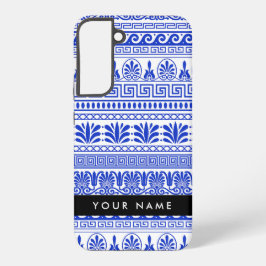 ギリシャのフレット、ミックスド・ミャンダー・キー、ブルー、お名前入り SAMSUNG GALAXY S22+ケース