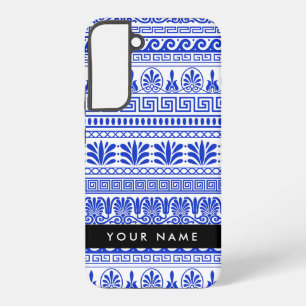 ギリシャのフレット、ミックスド・ミャンダー・キー、ブルー、お名前入り SAMSUNG GALAXY S22+ケース
