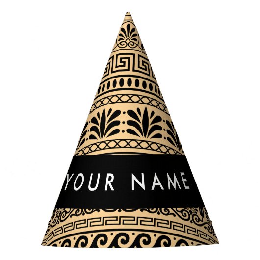 ギリシャのフレット、ミックスミックスミアンダー鍵、ブラウン、あなたの名前 パーティーハット (正面)