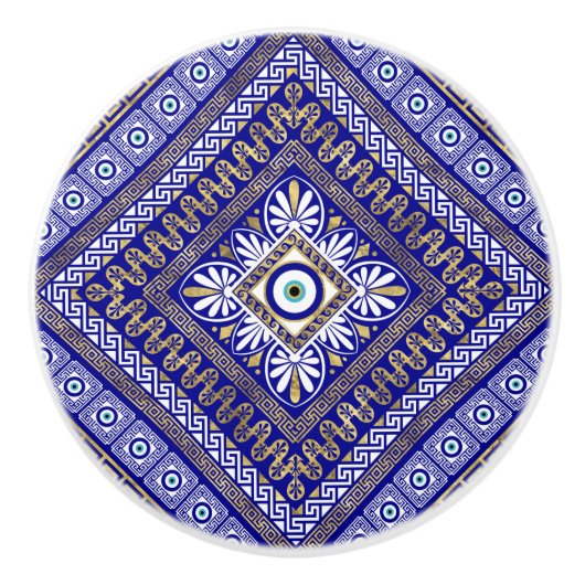 ギリシャのミアンダー鍵&イビルアイオーナメント セラミックノブ (正面)