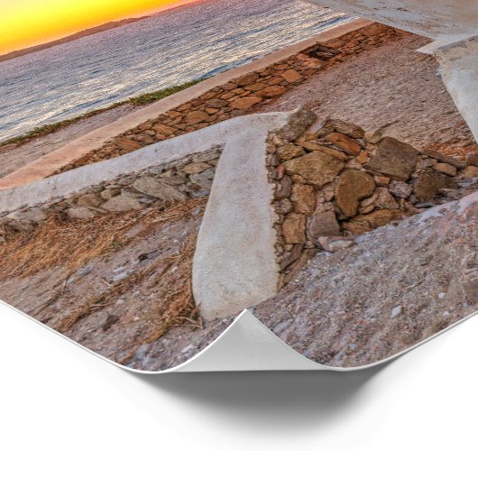 ギリシャのミコノスの有名な風車での夕日 ポスター (角)