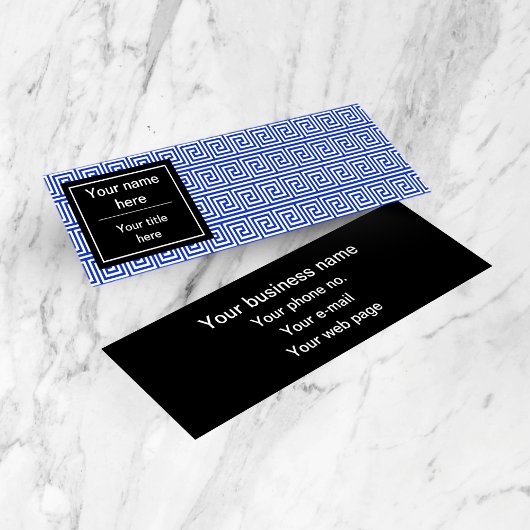 ギリシャのメアンダー鍵正方形パターンブルー スキニー名刺