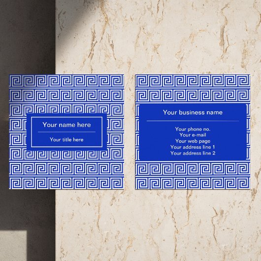ギリシャのメアンダー鍵正方形パターンブルー スクエア名刺