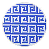 ギリシャのメアンダー鍵正方形パターンブルー セラミックノブ (正面)