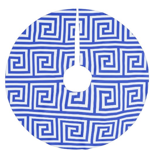 ギリシャのメアンダー鍵正方形パターンブルー ブラッシュドポリエステルツリースカート (正面)