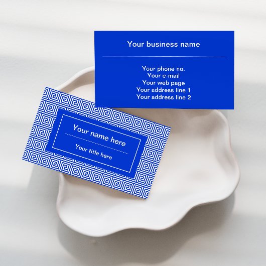 ギリシャのメアンダー鍵正方形パターンブルー 名刺
