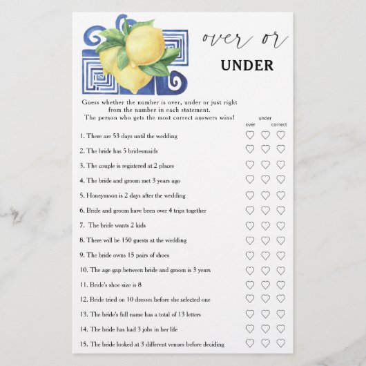 ギリシャのレモン – ブライダルシャワーゲームの上または下 (正面)