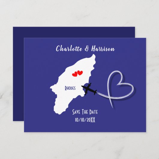 ギリシャのロードス島での目的地ウェディング チケット セーブザデート (正面/裏面)