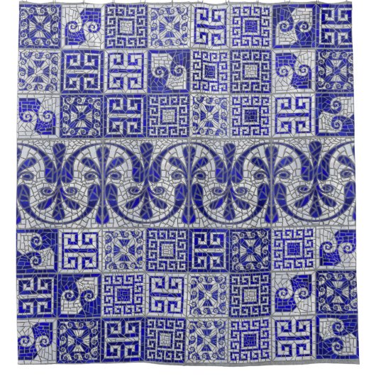 ギリシャの壊れたタイルのモザイクアート シャワーカーテン (正面)