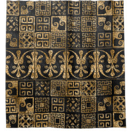 ギリシャの壊れたタイルのモザイク黒と金ゴールド シャワーカーテン