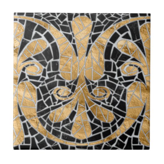 ギリシャの壊れたタイルのモザイク黒と金ゴールド タイル (正面)