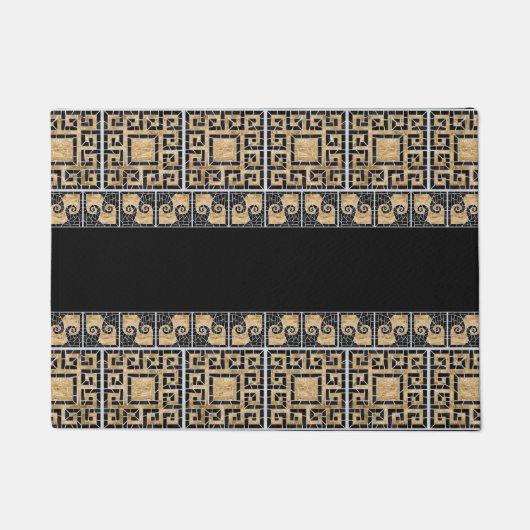 ギリシャの壊れたタイルのモザイク黒と金ゴールド ドアマット (正面)