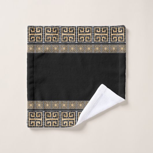 ギリシャの壊れたタイルのモザイク黒と金ゴールド バスタオルセット (ウォッシュタオル)