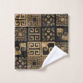 ギリシャの壊れたタイルのモザイク黒と金ゴールド バスタオルセット (ウォッシュタオル)