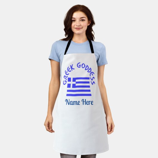 ギリシャの女神とギリシャ国旗のパーソナライズ エプロン (着用した状態)